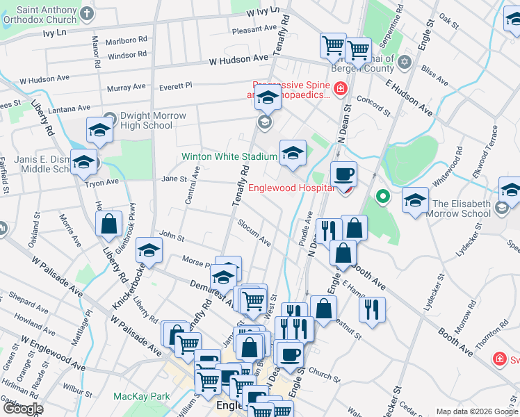 map of restaurants, bars, coffee shops, grocery stores, and more near 85 West Hamilton Avenue in Englewood