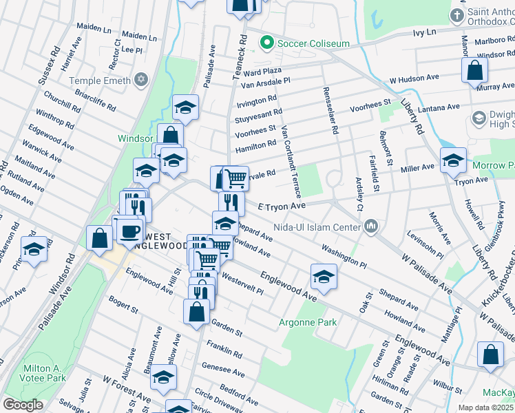 map of restaurants, bars, coffee shops, grocery stores, and more near 63 Washington Place in Teaneck