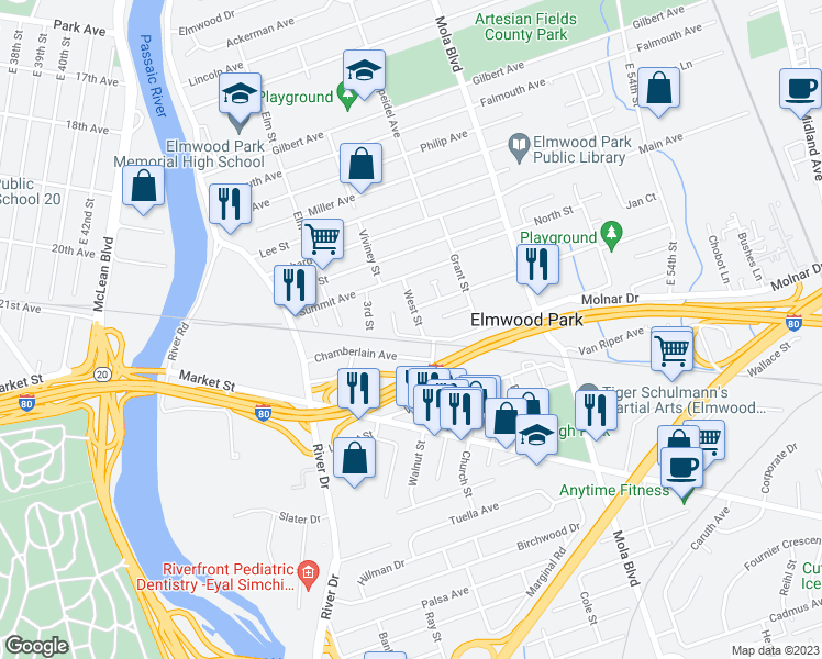 map of restaurants, bars, coffee shops, grocery stores, and more near 9 Linden Avenue in Elmwood Park