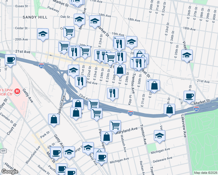 map of restaurants, bars, coffee shops, grocery stores, and more near 1051 East 25th Street in Paterson