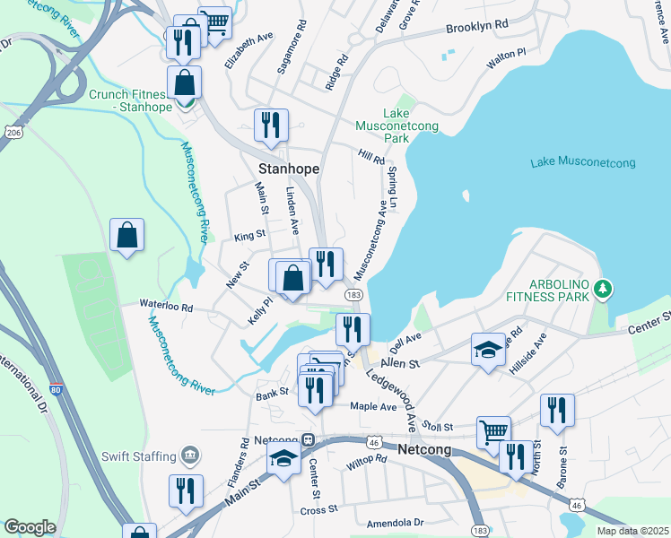 map of restaurants, bars, coffee shops, grocery stores, and more near 24 New Jersey 183 in Stanhope