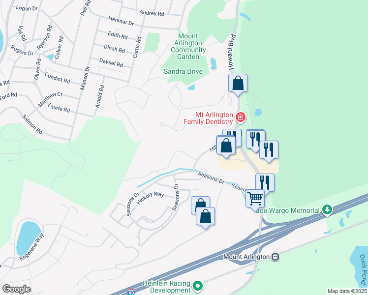 map of restaurants, bars, coffee shops, grocery stores, and more near 34 Brookside Lane in Mount Arlington