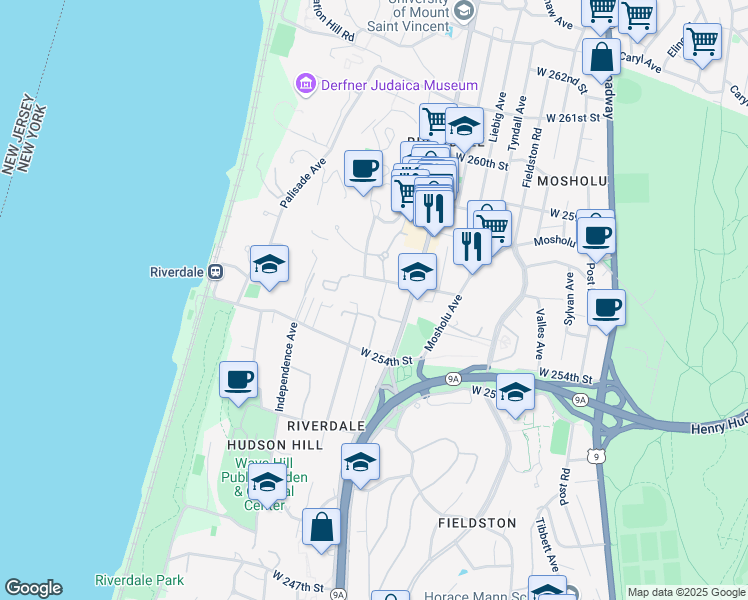 map of restaurants, bars, coffee shops, grocery stores, and more near 5545 Netherland Avenue in Bronx