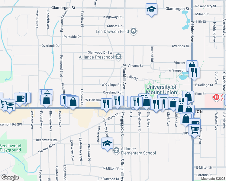map of restaurants, bars, coffee shops, grocery stores, and more near 885 Roseland Road in Alliance