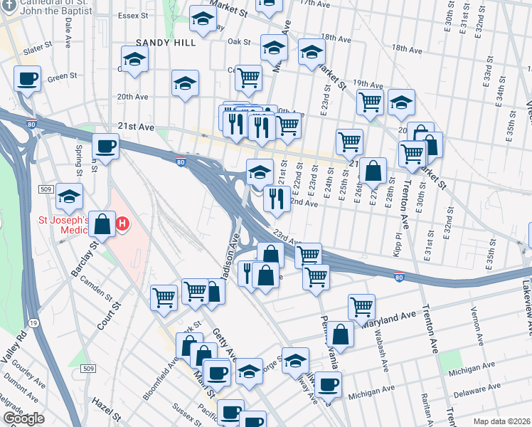 map of restaurants, bars, coffee shops, grocery stores, and more near 135 East 20th Street in Paterson