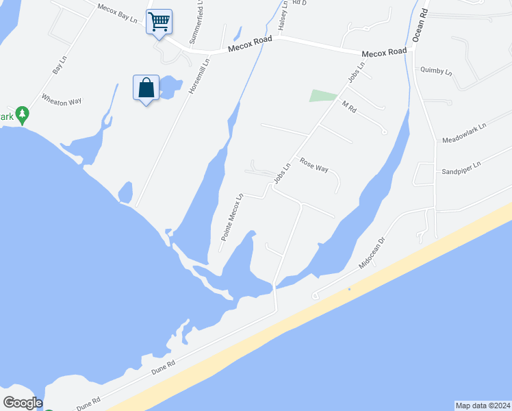 map of restaurants, bars, coffee shops, grocery stores, and more near 43 Pointe Mecox Lane in Water Mill