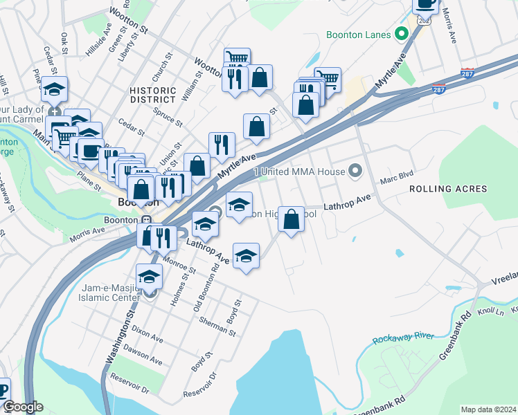 map of restaurants, bars, coffee shops, grocery stores, and more near 151 Kanouse Street in Boonton Township