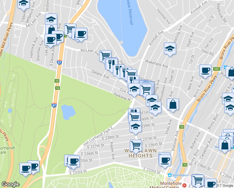 map of restaurants, bars, coffee shops, grocery stores, and more near 190 Parkway North in Yonkers