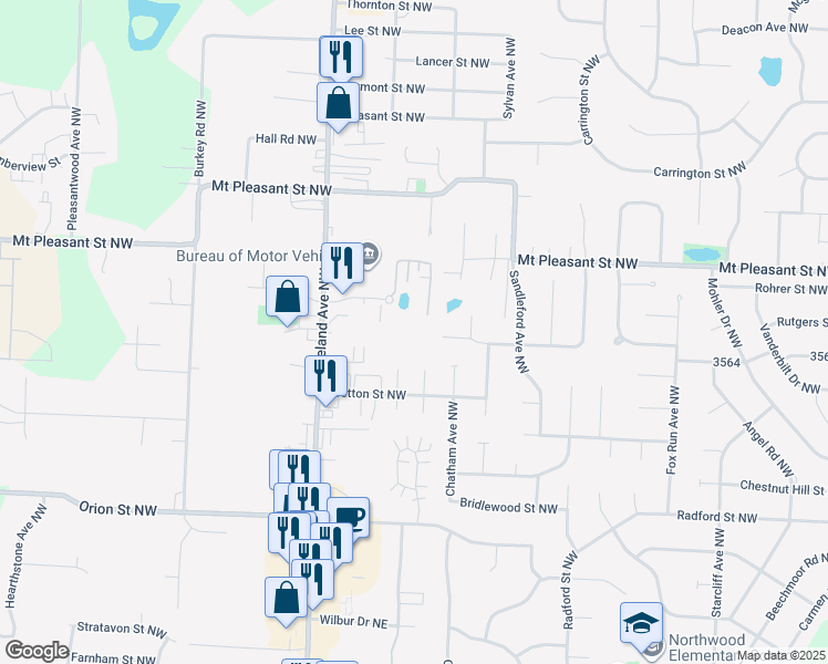 map of restaurants, bars, coffee shops, grocery stores, and more near 3063 Whitewood Street Northwest in North Canton