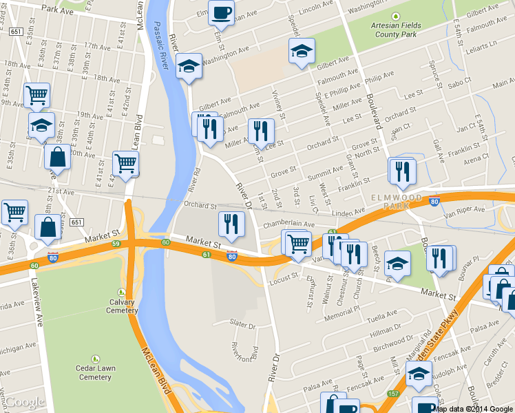 map of restaurants, bars, coffee shops, grocery stores, and more near 533 River Drive in Elmwood Park