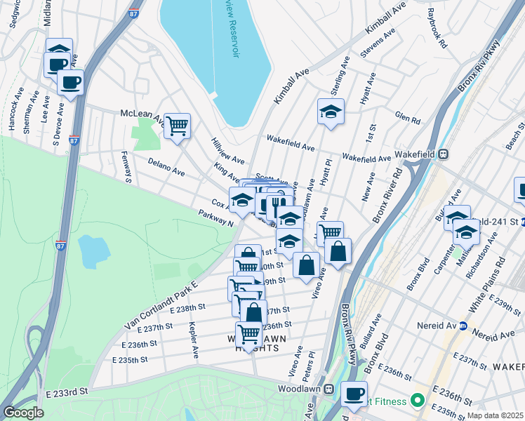map of restaurants, bars, coffee shops, grocery stores, and more near 3 Glover Avenue in Yonkers