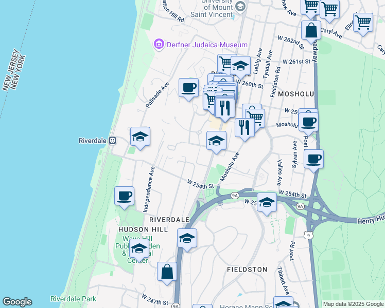 map of restaurants, bars, coffee shops, grocery stores, and more near 5545 Netherland Avenue in Bronx