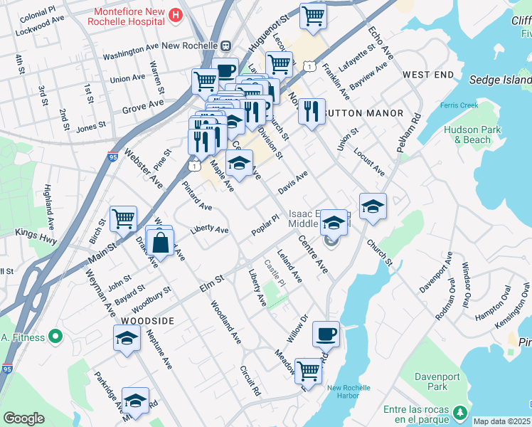 map of restaurants, bars, coffee shops, grocery stores, and more near 16 Bancker Place in New Rochelle