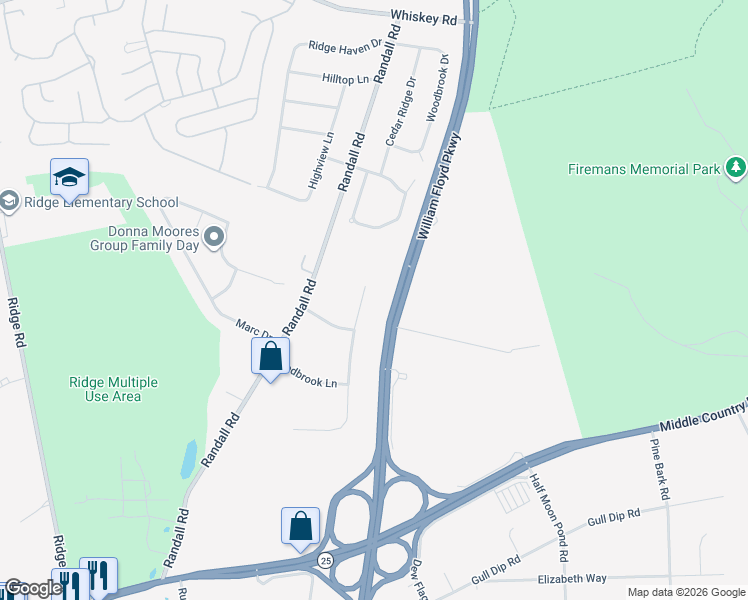 map of restaurants, bars, coffee shops, grocery stores, and more near 5 Farmhouse Drive in Ridge