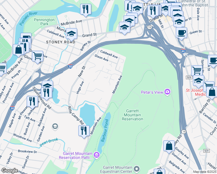map of restaurants, bars, coffee shops, grocery stores, and more near 47 Wilson Avenue in Woodland Park