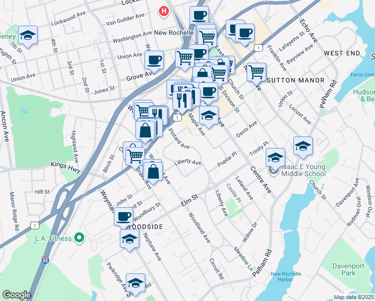 map of restaurants, bars, coffee shops, grocery stores, and more near 54 Liberty Avenue in New Rochelle
