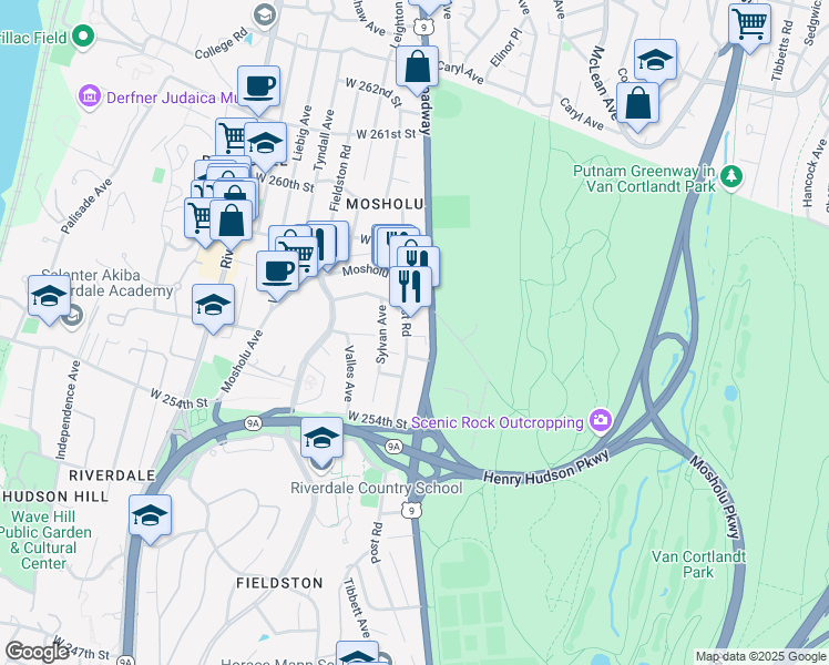 map of restaurants, bars, coffee shops, grocery stores, and more near 5611 Post Road in Bronx