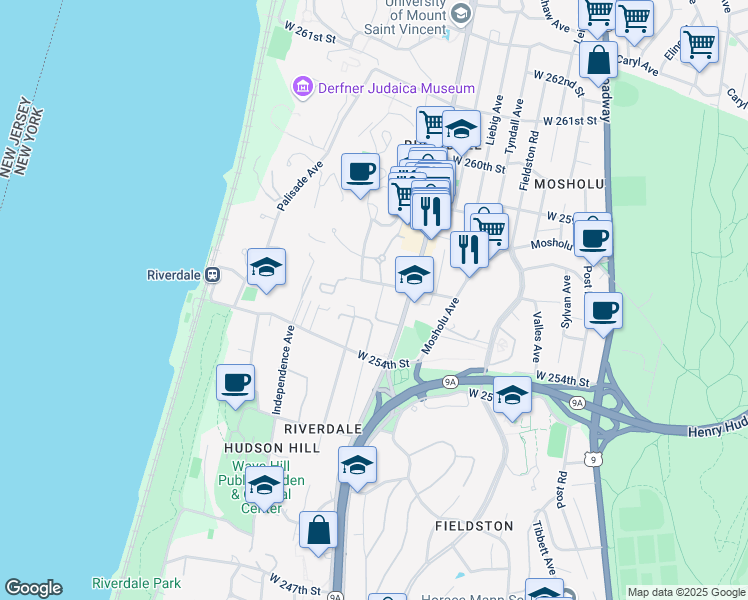 map of restaurants, bars, coffee shops, grocery stores, and more near 5545 Netherland Avenue in Bronx
