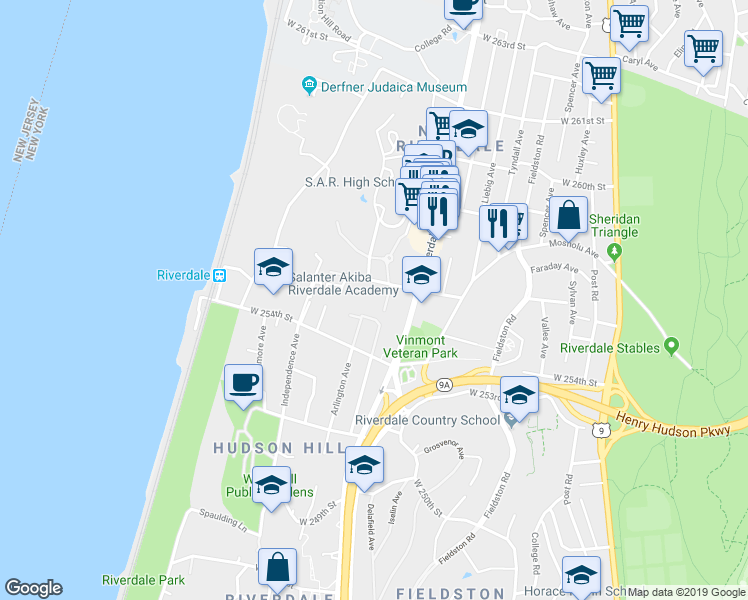 map of restaurants, bars, coffee shops, grocery stores, and more near 5545 Netherland Avenue in Bronx