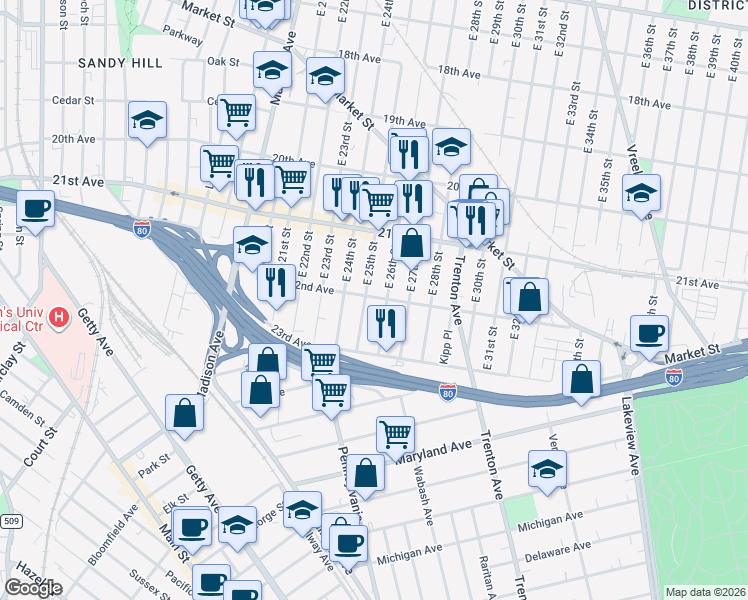 map of restaurants, bars, coffee shops, grocery stores, and more near 1051 East 25th Street in Paterson