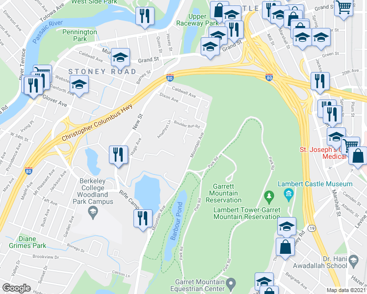 map of restaurants, bars, coffee shops, grocery stores, and more near 47 Wilson Avenue in Woodland Park
