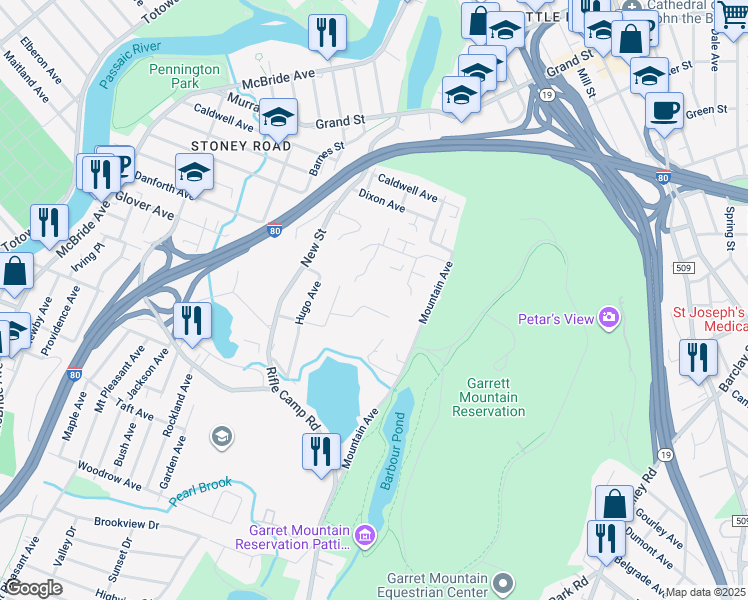 map of restaurants, bars, coffee shops, grocery stores, and more near 39 Wilson Avenue in Woodland Park