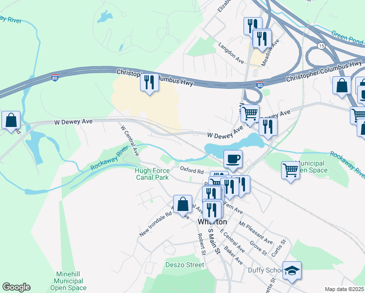 map of restaurants, bars, coffee shops, grocery stores, and more near 100 West Dewey Avenue in Wharton