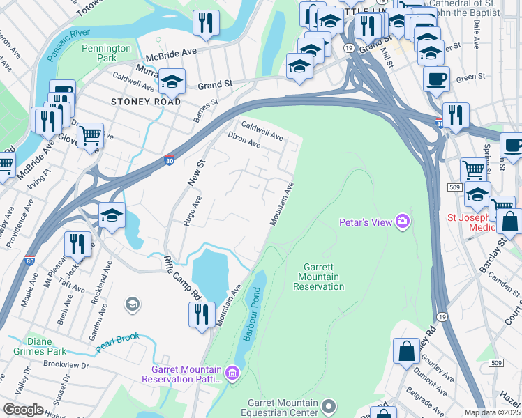map of restaurants, bars, coffee shops, grocery stores, and more near 75 Quartz Lane in Paterson