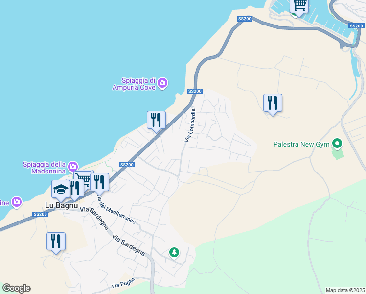 map of restaurants, bars, coffee shops, grocery stores, and more near 3434 Via Lombardia in Lu Bagnu