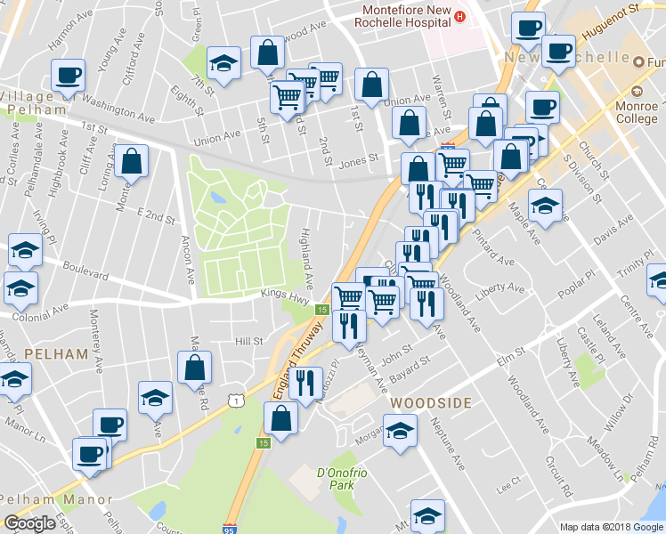 map of restaurants, bars, coffee shops, grocery stores, and more near 44 Rockdale Avenue in New Rochelle