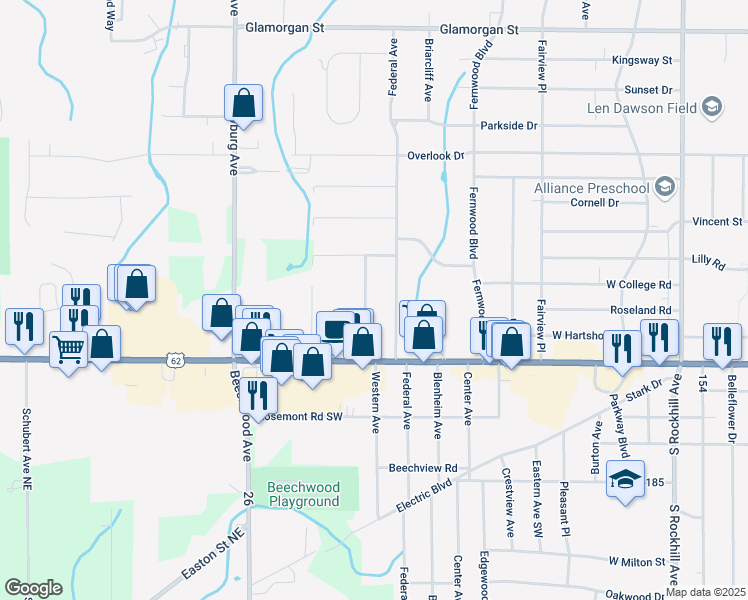 map of restaurants, bars, coffee shops, grocery stores, and more near 1856 Western Avenue in Alliance