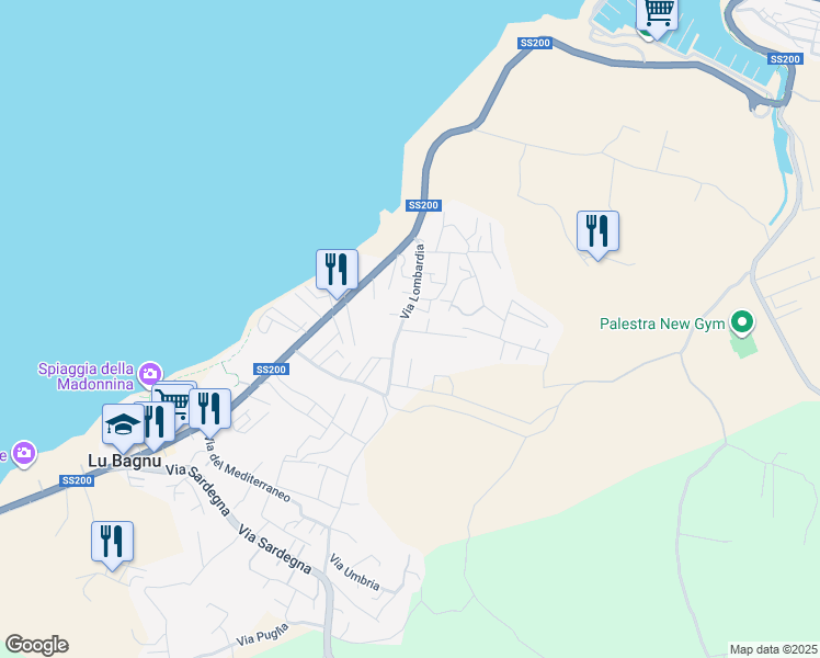 map of restaurants, bars, coffee shops, grocery stores, and more near 3434 Via Lombardia in Lu Bagnu