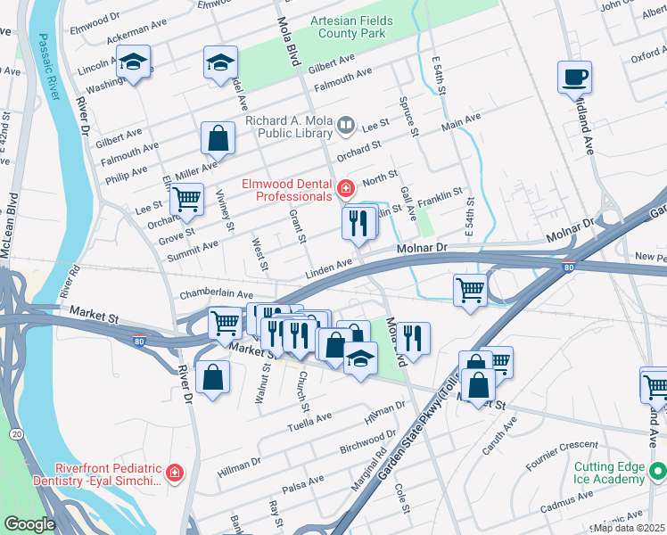 map of restaurants, bars, coffee shops, grocery stores, and more near 40 Linden Avenue in Elmwood Park