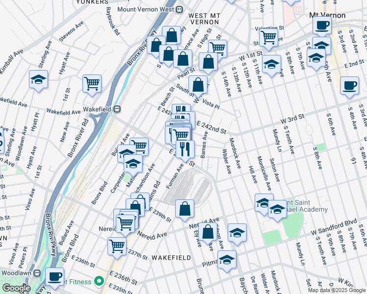 map of restaurants, bars, coffee shops, grocery stores, and more near 715 Cranford Avenue in The Bronx