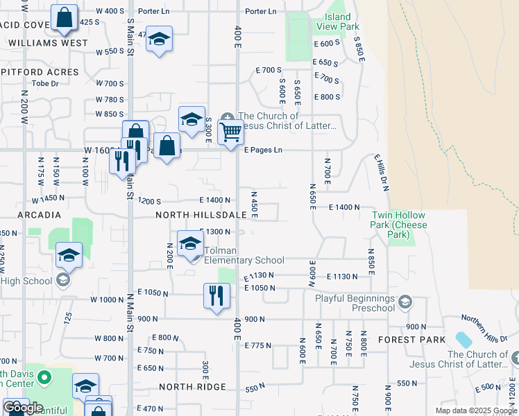 map of restaurants, bars, coffee shops, grocery stores, and more near 1392 North 450 East in Bountiful