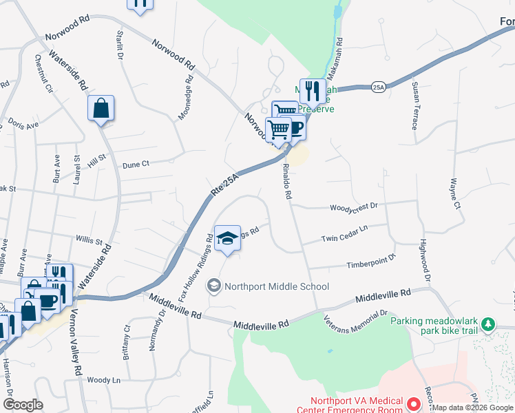 map of restaurants, bars, coffee shops, grocery stores, and more near 11 Ridings Road in Northport