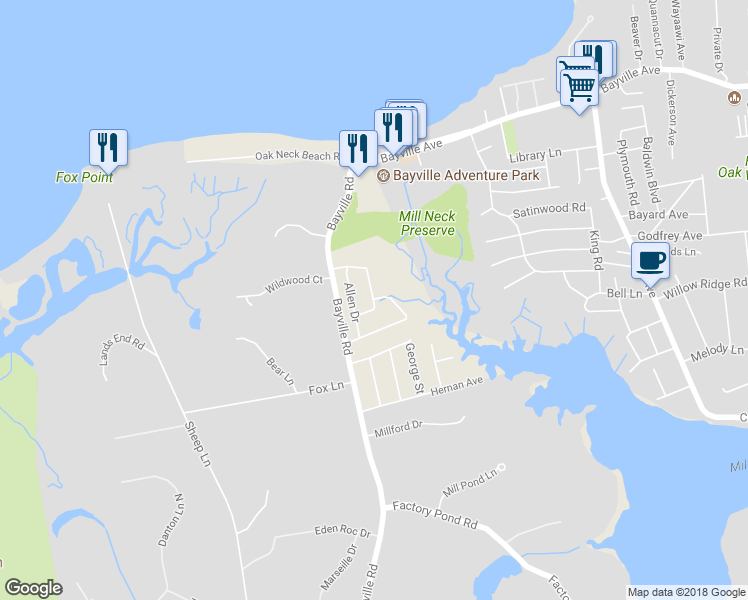map of restaurants, bars, coffee shops, grocery stores, and more near 99 Davis Place in Locust Valley