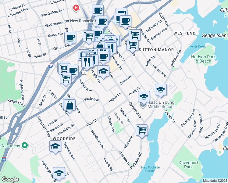 map of restaurants, bars, coffee shops, grocery stores, and more near 16 Bancker Place in New Rochelle