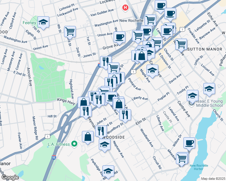 map of restaurants, bars, coffee shops, grocery stores, and more near 731 Main Street in New Rochelle