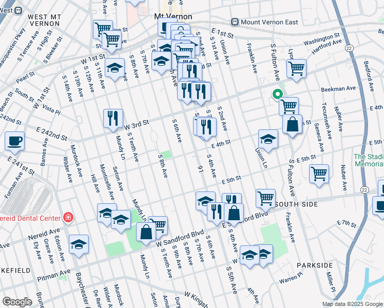 map of restaurants, bars, coffee shops, grocery stores, and more near 312A South 6th Avenue in Mount Vernon