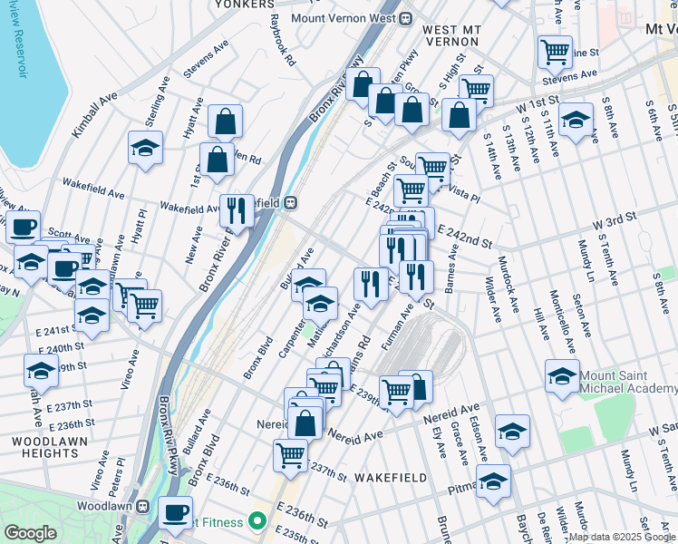 map of restaurants, bars, coffee shops, grocery stores, and more near 4630 Matilda Avenue in The Bronx