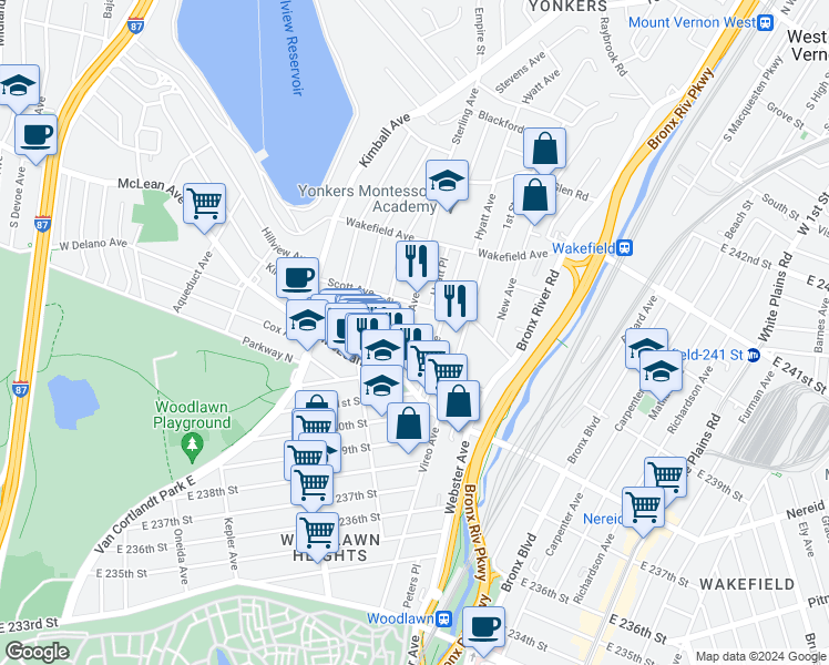 map of restaurants, bars, coffee shops, grocery stores, and more near 35 Hyatt Avenue in Yonkers