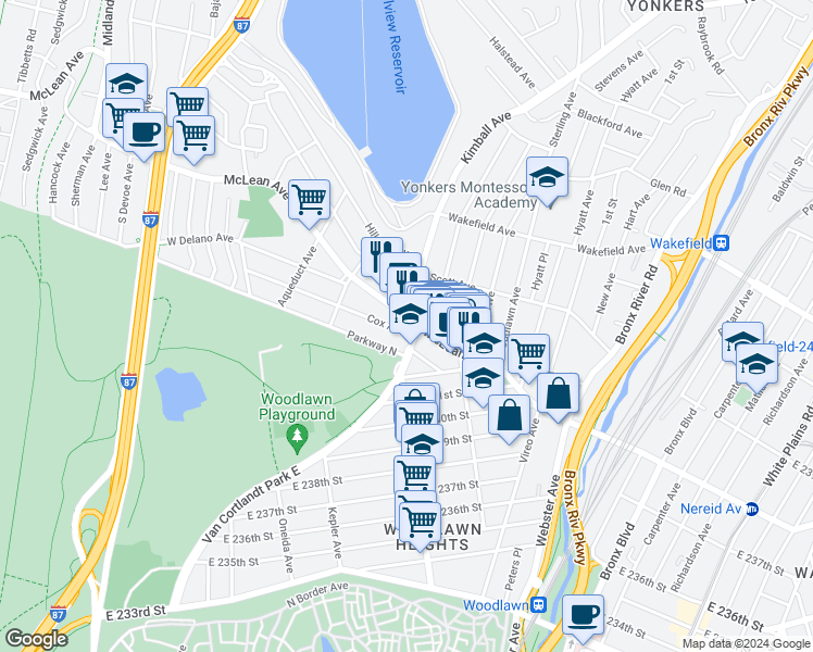 map of restaurants, bars, coffee shops, grocery stores, and more near in Yonkers
