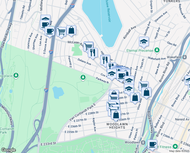 map of restaurants, bars, coffee shops, grocery stores, and more near 190 Parkway North in Yonkers