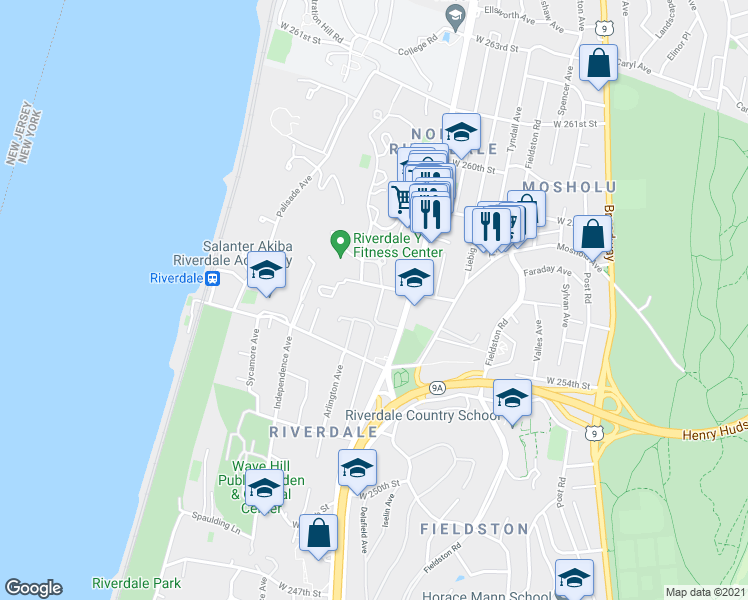 map of restaurants, bars, coffee shops, grocery stores, and more near 5545 Netherland Avenue in Bronx