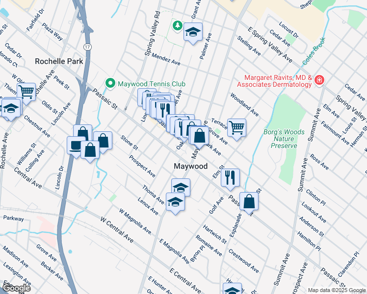 map of restaurants, bars, coffee shops, grocery stores, and more near 11 Passaic Court in Maywood