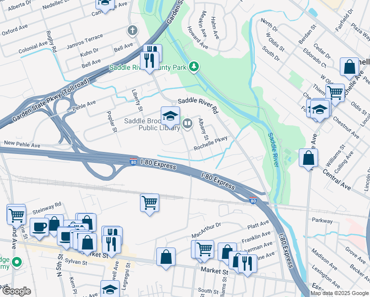 map of restaurants, bars, coffee shops, grocery stores, and more near 98 Rochelle Parkway in Saddle Brook