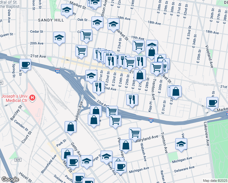 map of restaurants, bars, coffee shops, grocery stores, and more near 1085 East 23rd Street in Paterson