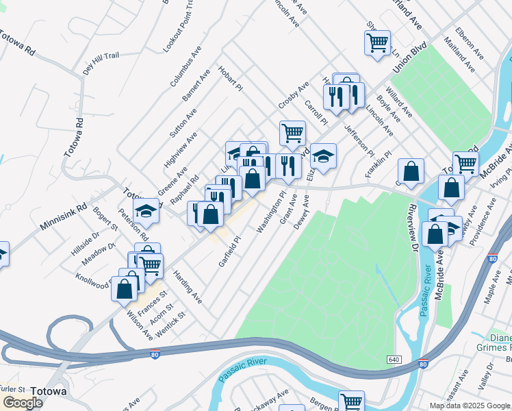 map of restaurants, bars, coffee shops, grocery stores, and more near 12 Garfield Place in Totowa