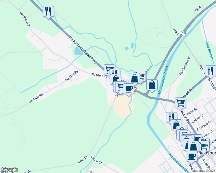 map of restaurants, bars, coffee shops, grocery stores, and more near 114 Grandview Terrace Drive in Philipsburg